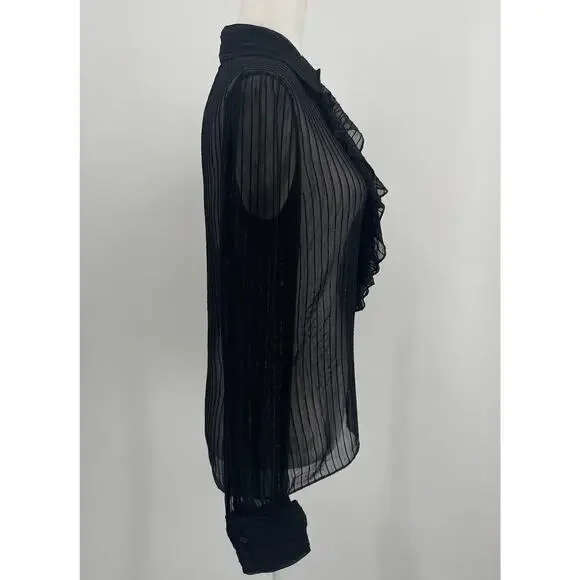 Ralph Lauren Collection Silk Sheer Ruffle Long Sleeve Blouse Collared Black Top - Picture 4 of 12